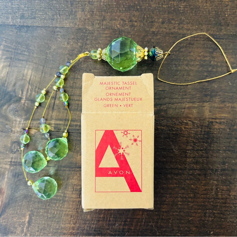 2/$10 Vintage Avon Green and Gold Beaded Tassel Christmas Ornament